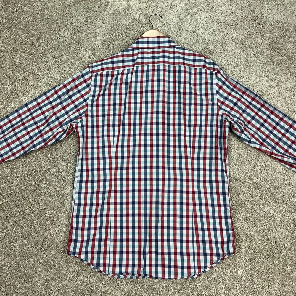 Banana Republic‎ Button Down Shirt Mens Large Red Blue Gingham Slim Herringbone